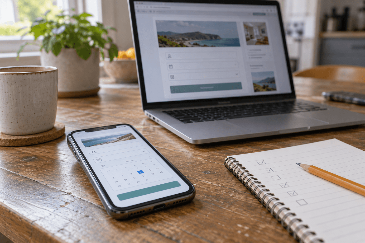 AI-generated illustrative photograph of a smartphone and laptop displaying generic booking forms beside a handwritten checklist in soft daylight. Represents testing a booking journey across devices; not an actual client screenshot.