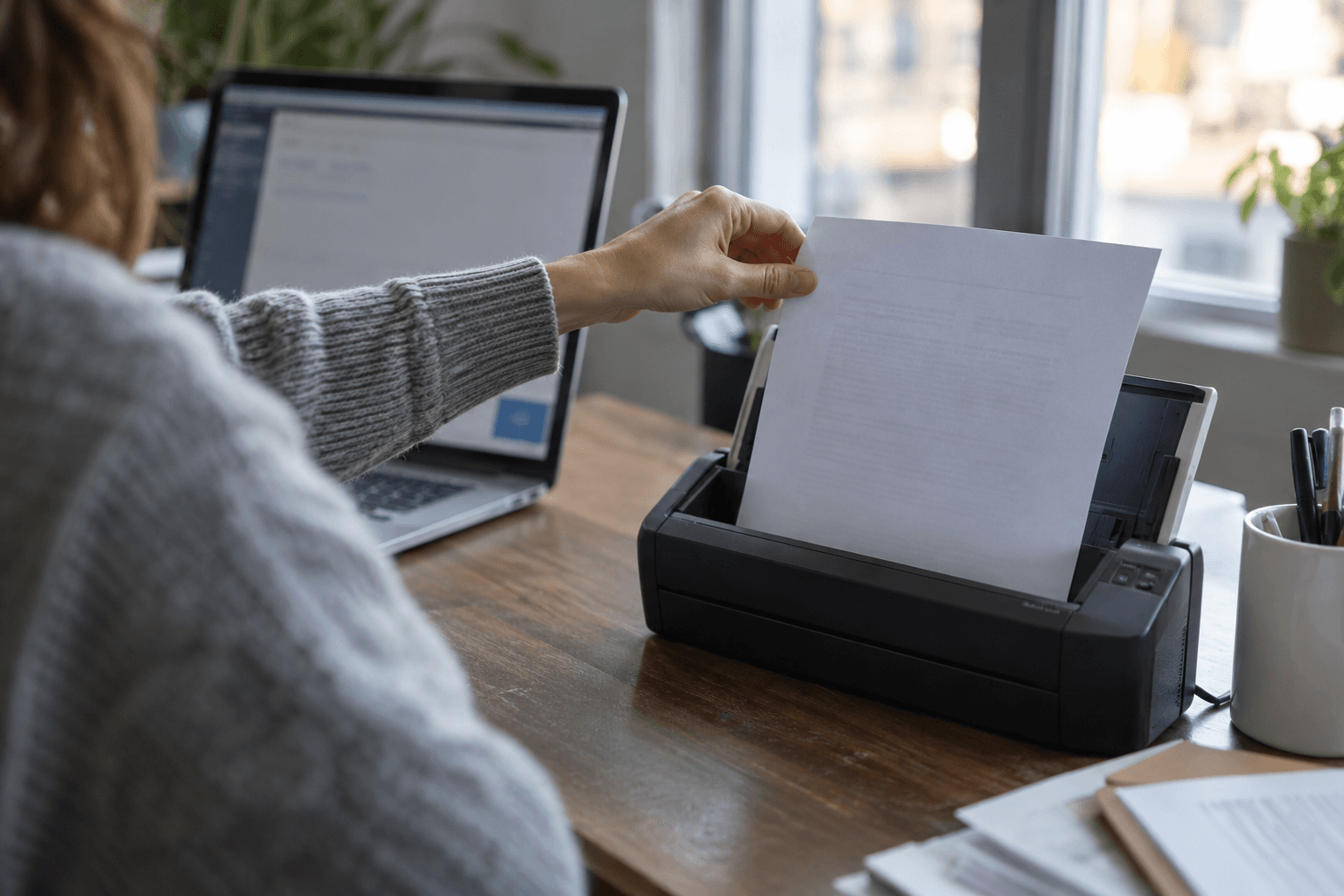 AI-generated photorealistic editorial image of a person feeding generic paperwork into a desktop scanner beside a laptop. Conceptual scene, not a client photograph.