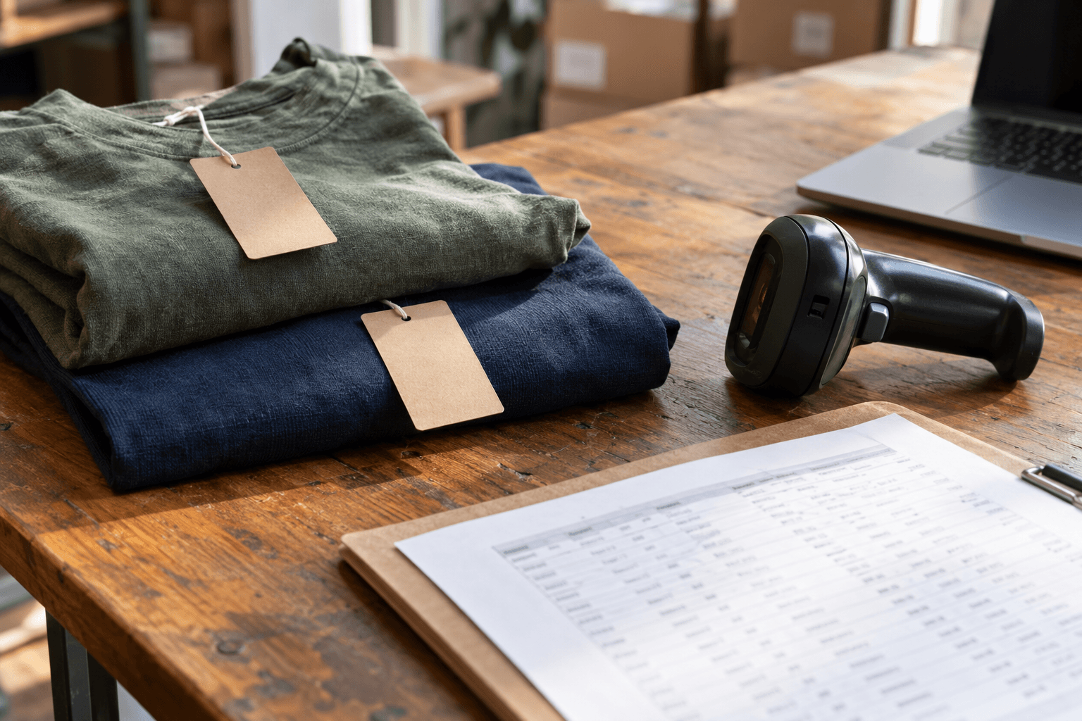 AI-generated photorealistic editorial image of folded garments, blank tags, a barcode scanner and an inventory sheet. Conceptual retail stock-checking scene, not documentary evidence or a project screenshot.