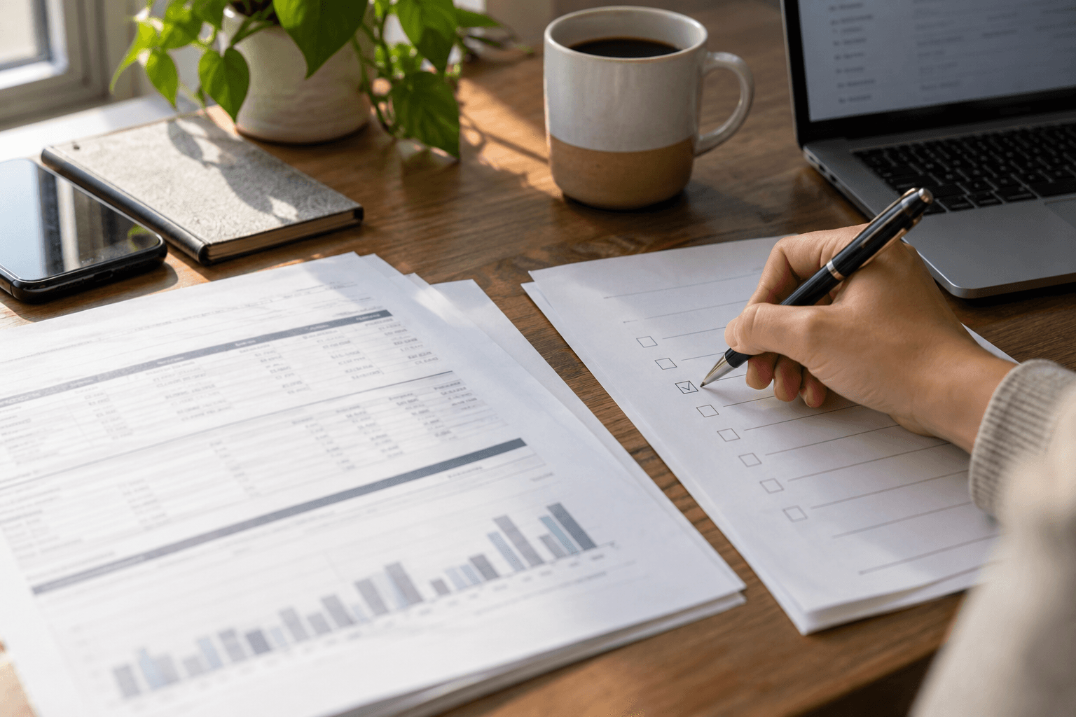 Photorealistic AI-generated editorial image of a hand checking a paper list beside printed reports and a laptop. Illustrative scene, not documentary evidence or a real application screenshot.