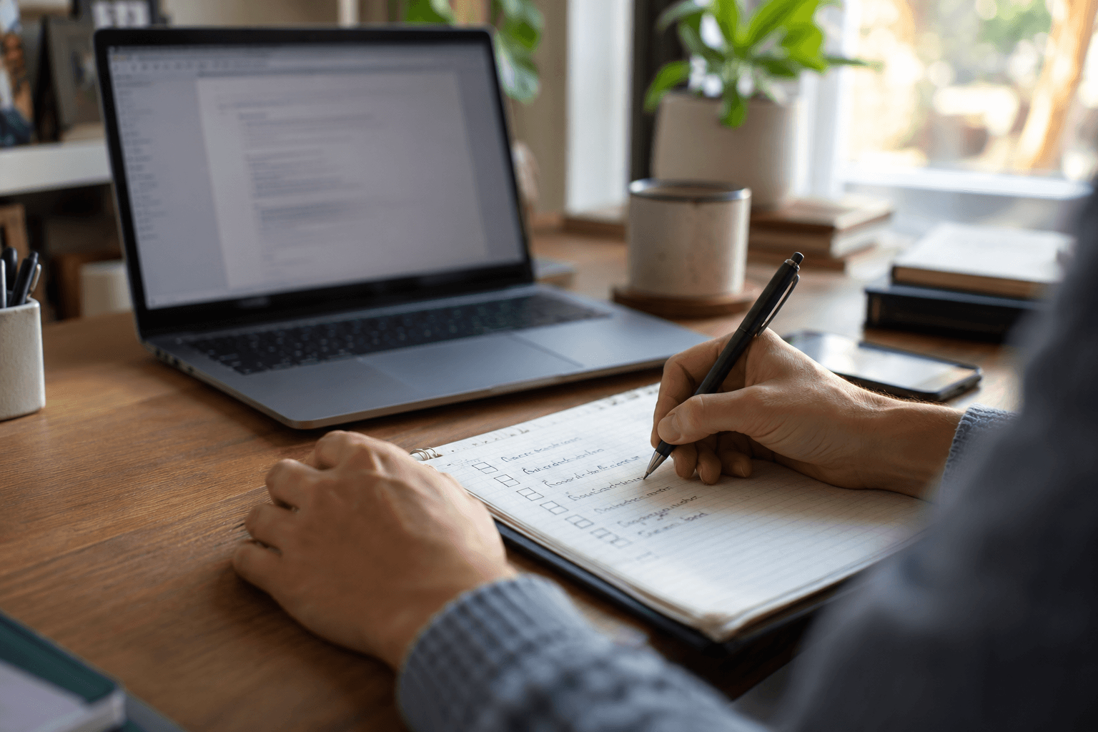 Photorealistic generated editorial image showing hands writing a checklist beside a laptop. Fictional planning scene, not evidence of a real project.