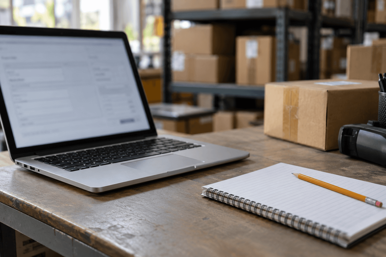 Photorealistic AI-generated editorial image of a laptop and notebook at a parcel dispatch counter. The indistinct screen is conceptual and is not a screenshot of a client application.