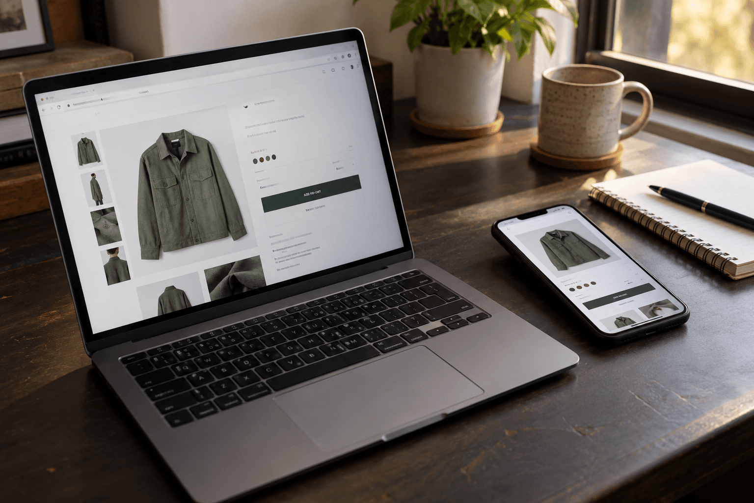 Photorealistic editorial illustration showing a clothing product page on a laptop and smartphone beside a notebook. AI-generated conceptual image representing desktop and mobile storefront testing.