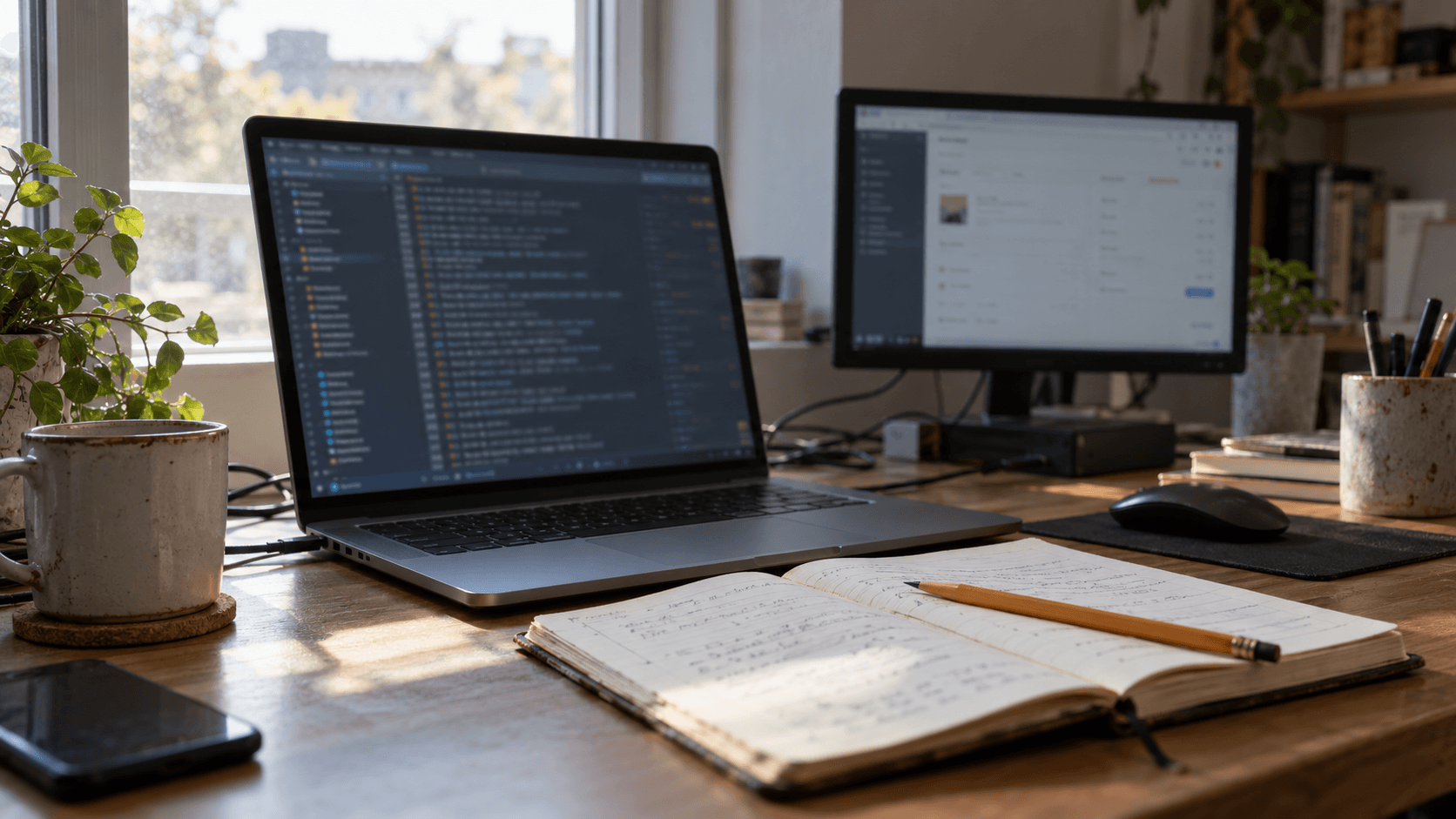 A laptop, monitor, and notebook in a naturally lit workspace, illustrating the review of software logs and order records. AI-generated image; screens are illustrative.