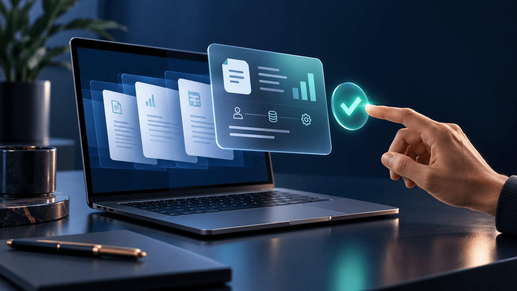A person reviews a proposed business action on a laptop and selects a glowing confirmation checkmark. Conceptual AI-generated illustration.