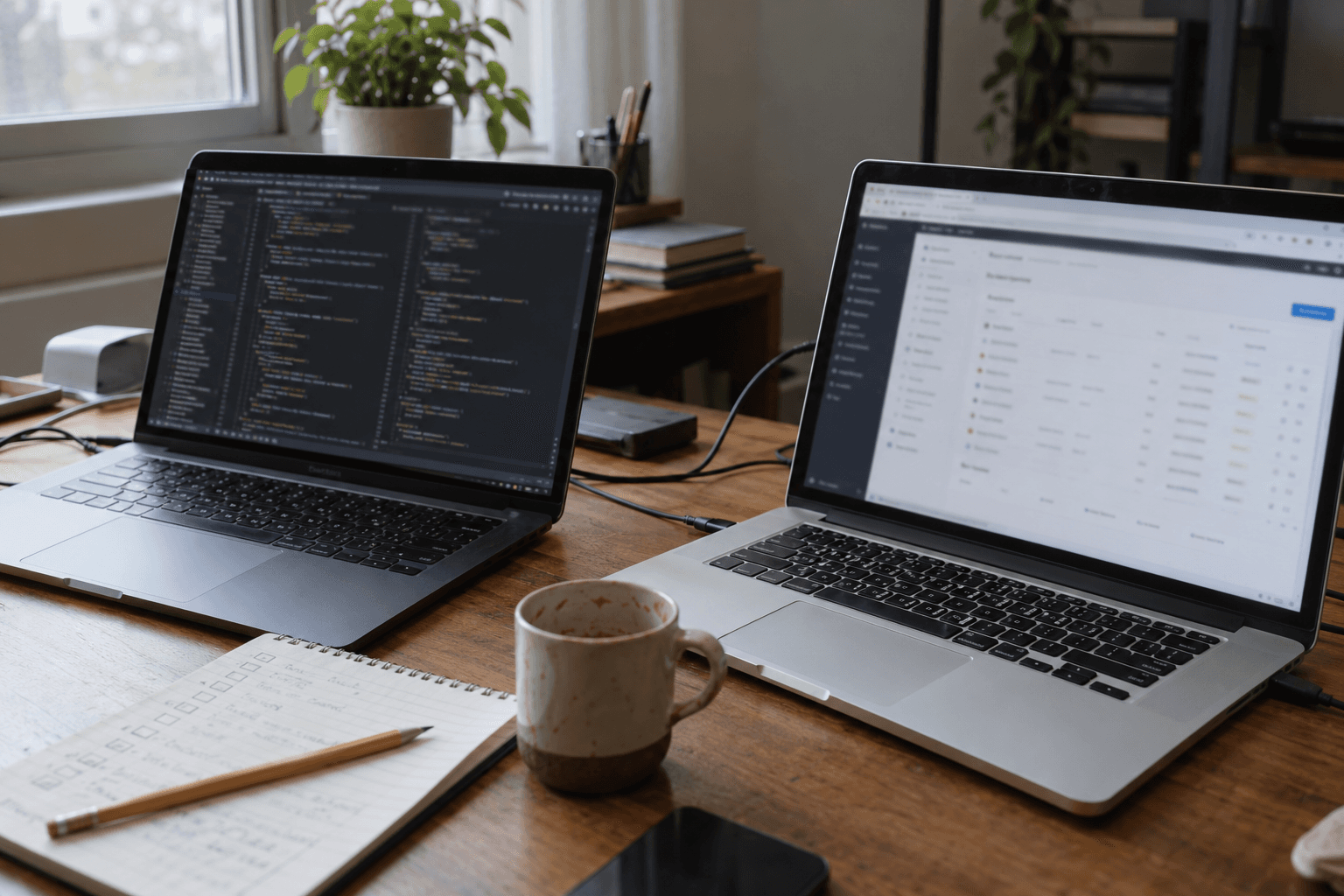 Generated photorealistic editorial image of two laptops and a paper checklist on a developer's desk. Illustrates workflow testing; interfaces are illustrative, not real project screenshots.