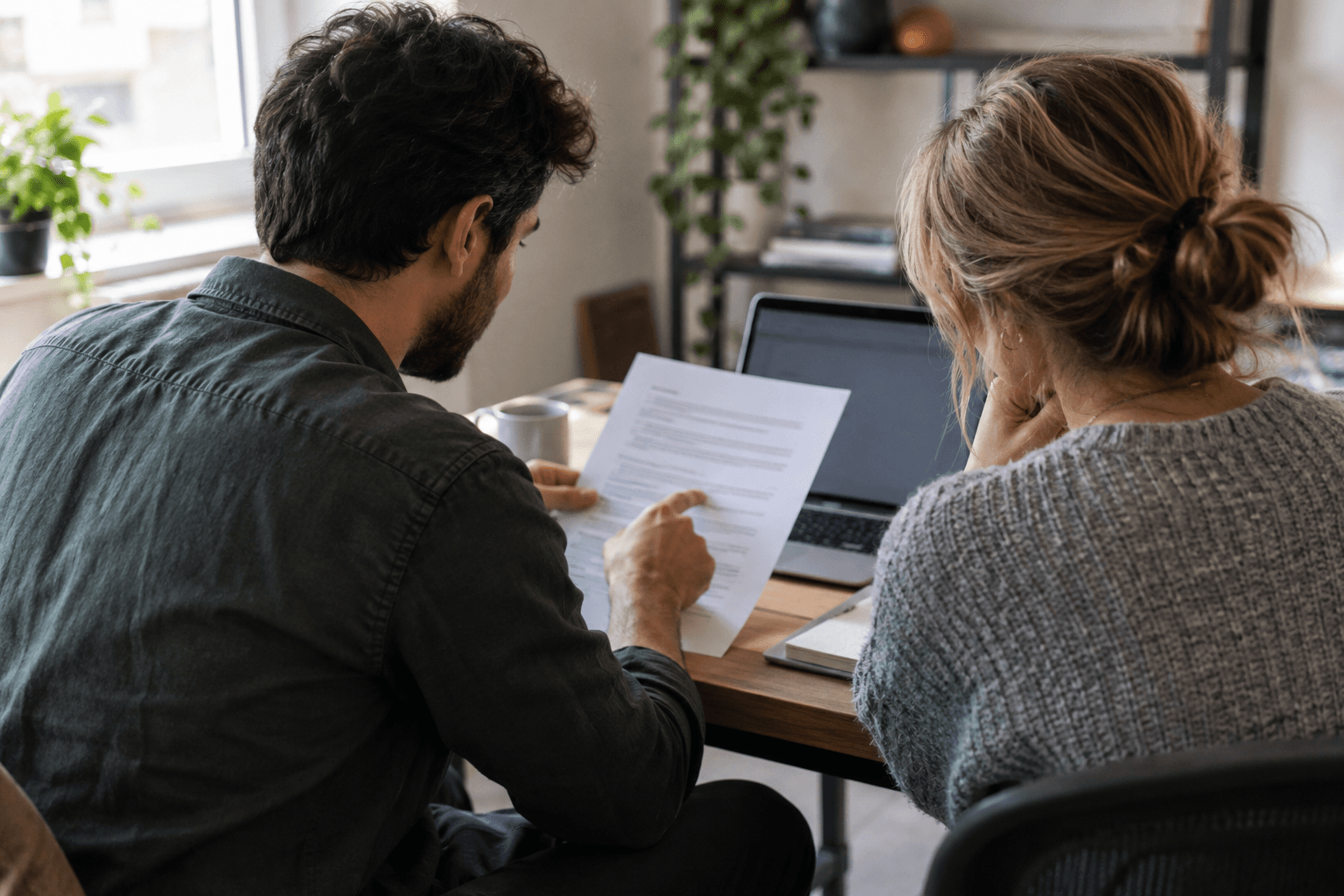 AI-generated photorealistic editorial illustration of two coworkers reviewing a document beside a laptop, representing human review of AI support replies. Not a real client or project screenshot.